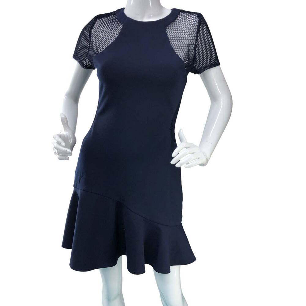 Adelyn Rae Women Size XS Dress Mesh Sleeve Fit and Flare Navy Blue Stretch Lined